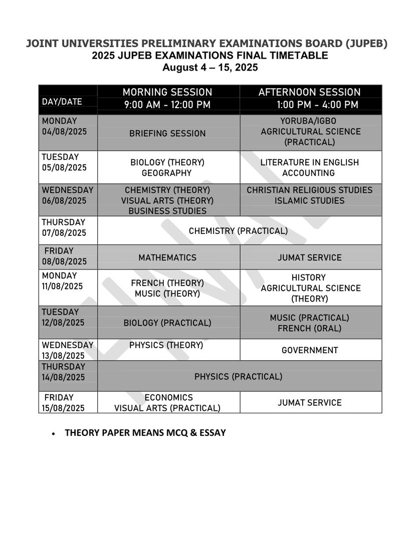 JUPEB timetable 2025 image