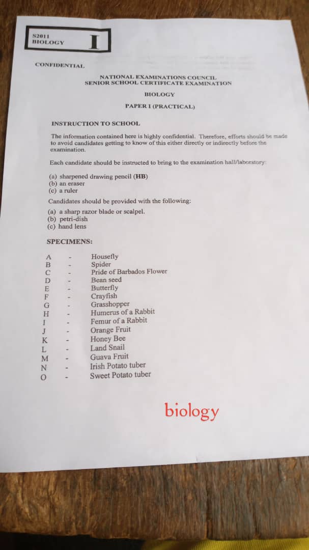 NECO Biology Practical Specimens 2025