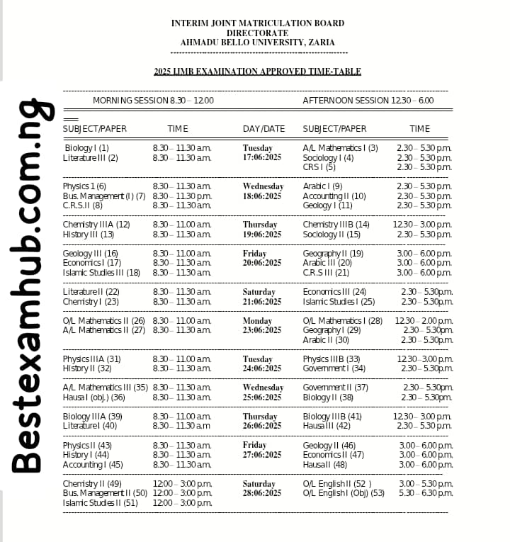 IJMB Timetable 2025