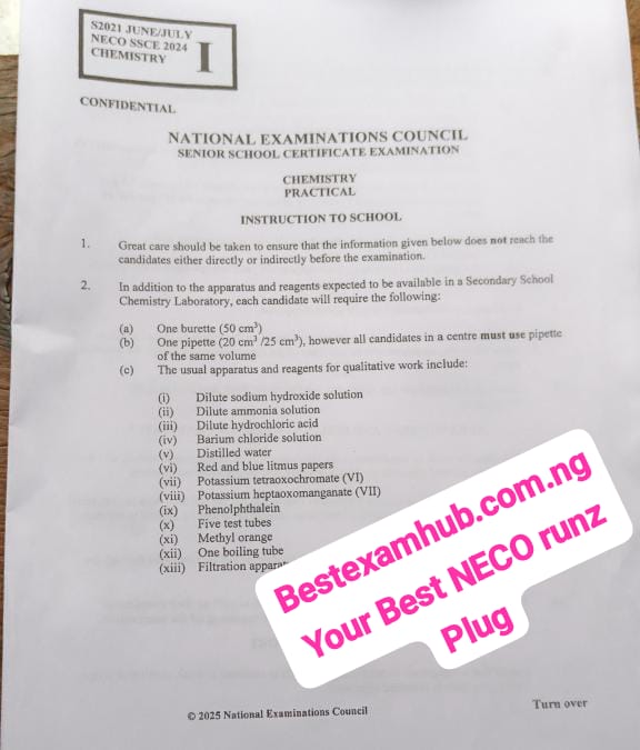 NECO Chemistry Practical Specimens 2025