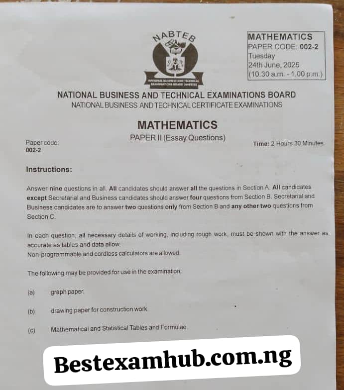 2025 NABTEB Mathematics Questions And Answers
