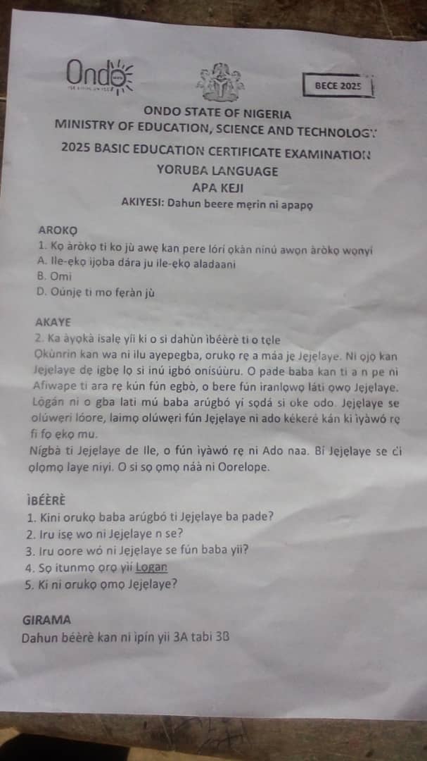 BECE Yoruba 2025 Questions And Answers