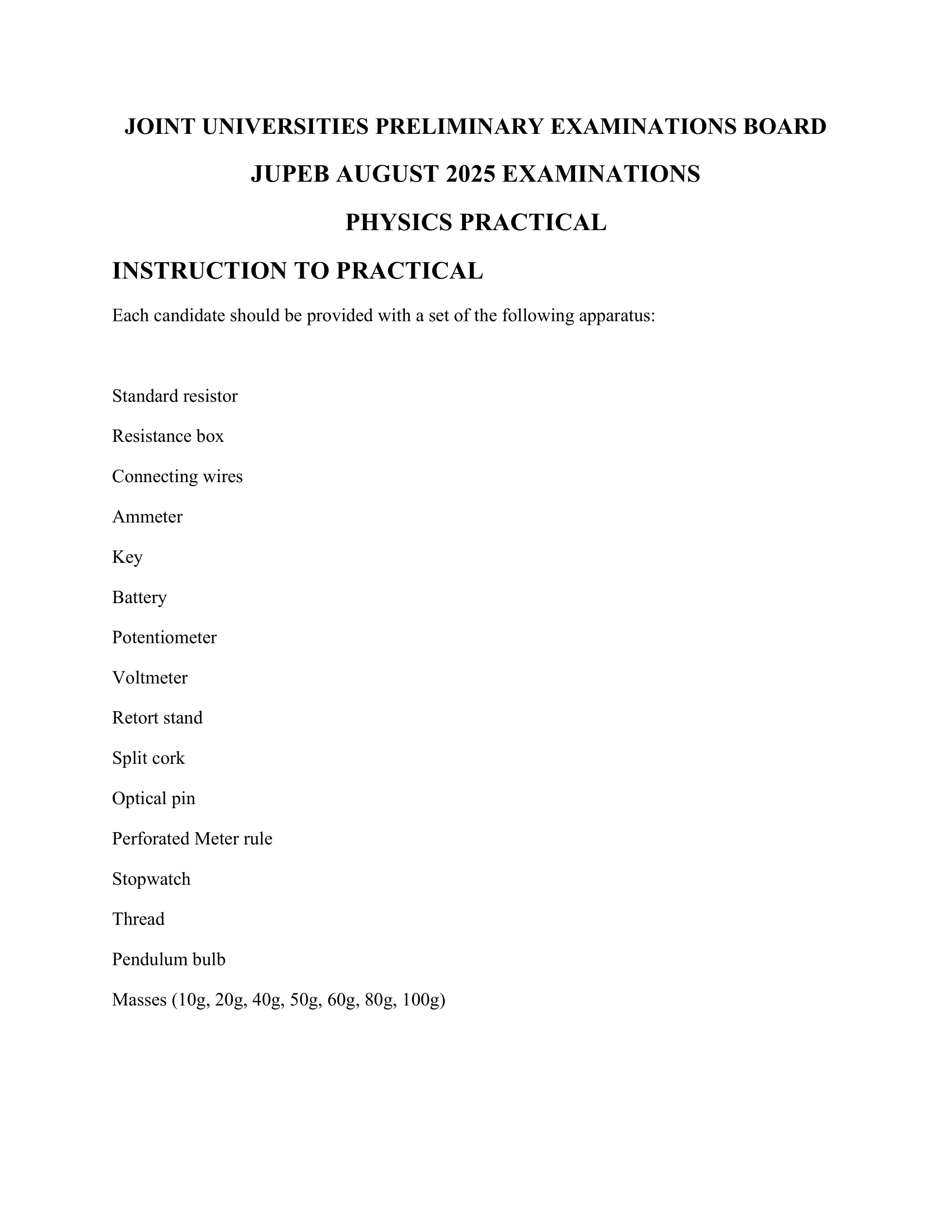 JUPEB Physics Practical specimens 2025